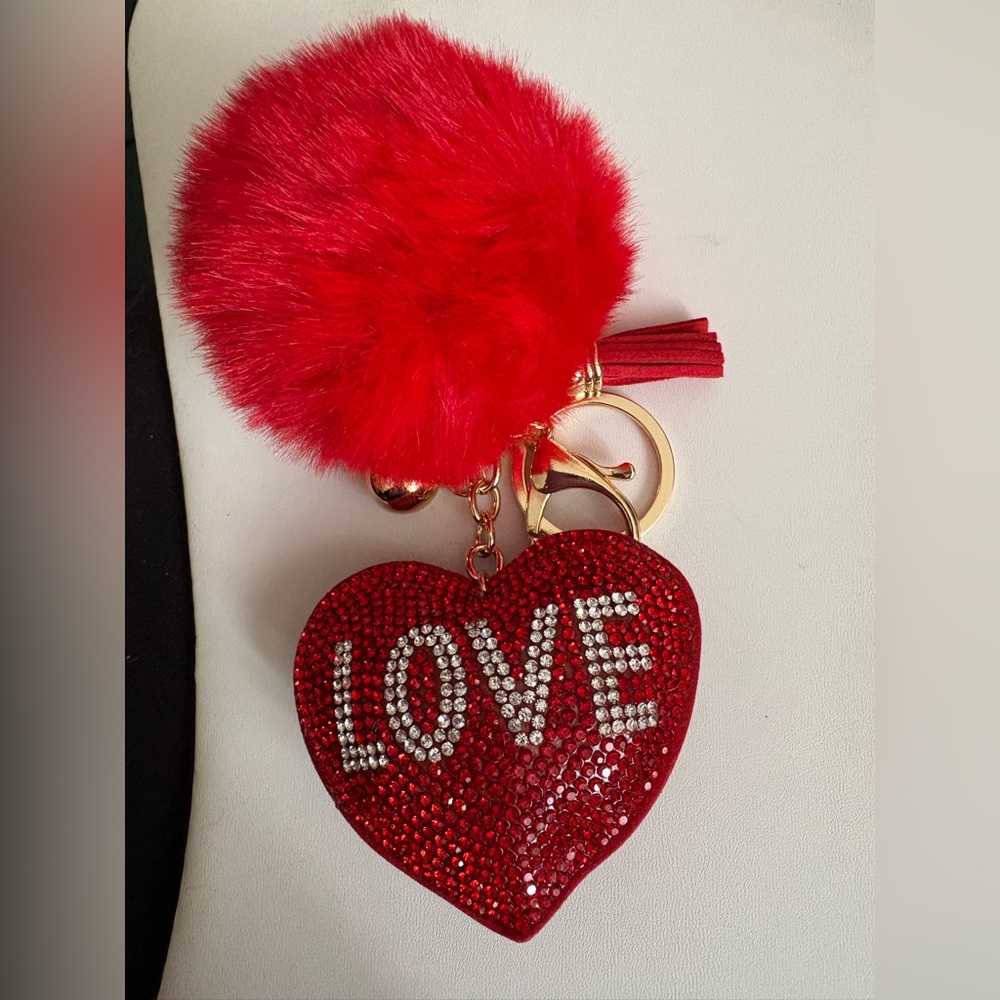 Red Rhinestone “Love” Heart Keychain with Pom Pom & Tassle